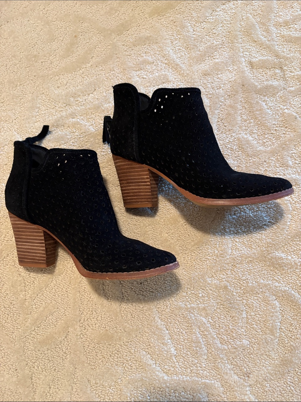 Marc Fisher Black Suede Perforated Stacked Heel Booties